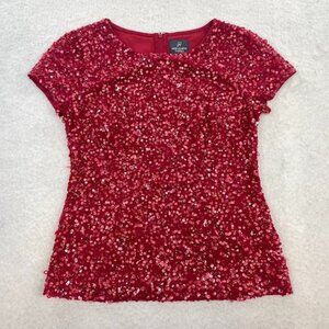 Adrianna Papell Women's Red Short-Sleeve Sequin Blouse Top Size 8